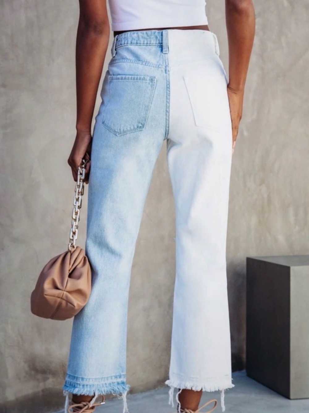 Two-Tone White and Light Blue Cropped Distressed Jeans - Picture 4 of 10